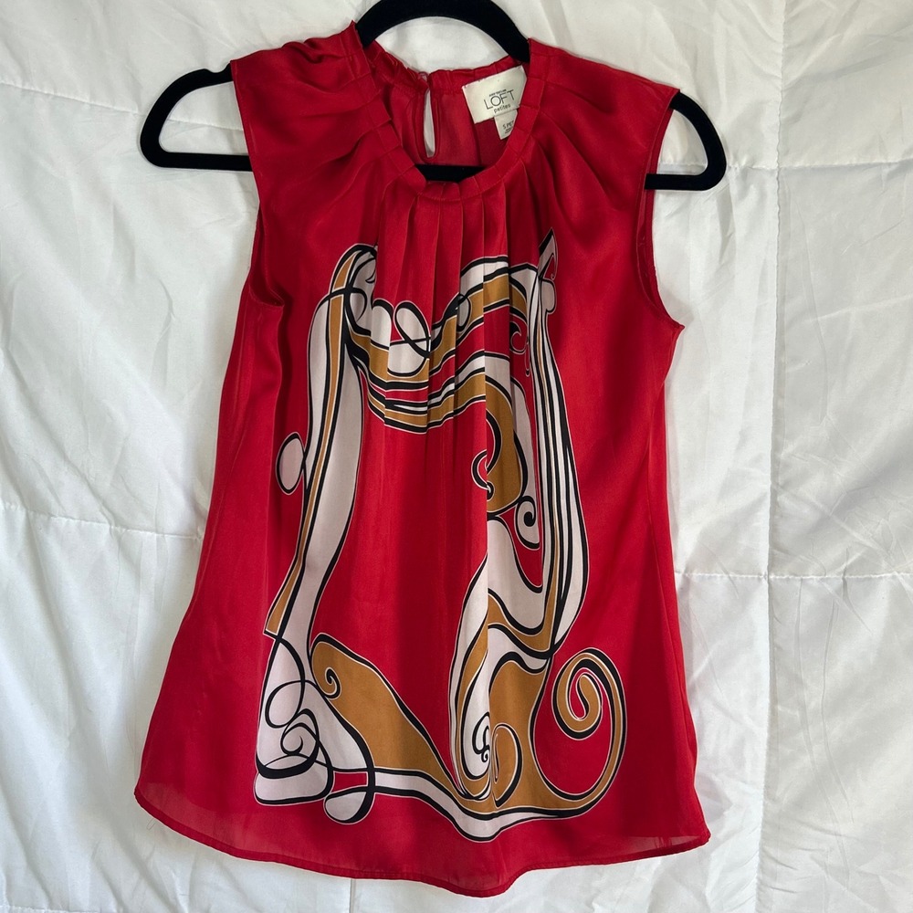 LOFT Petites Red Sleeveless Blouse Art Nouveau‎ Print